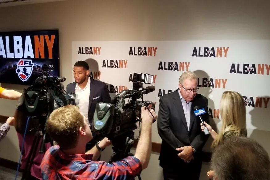 Marques Colston at an Arena Football League press conference in Albany.